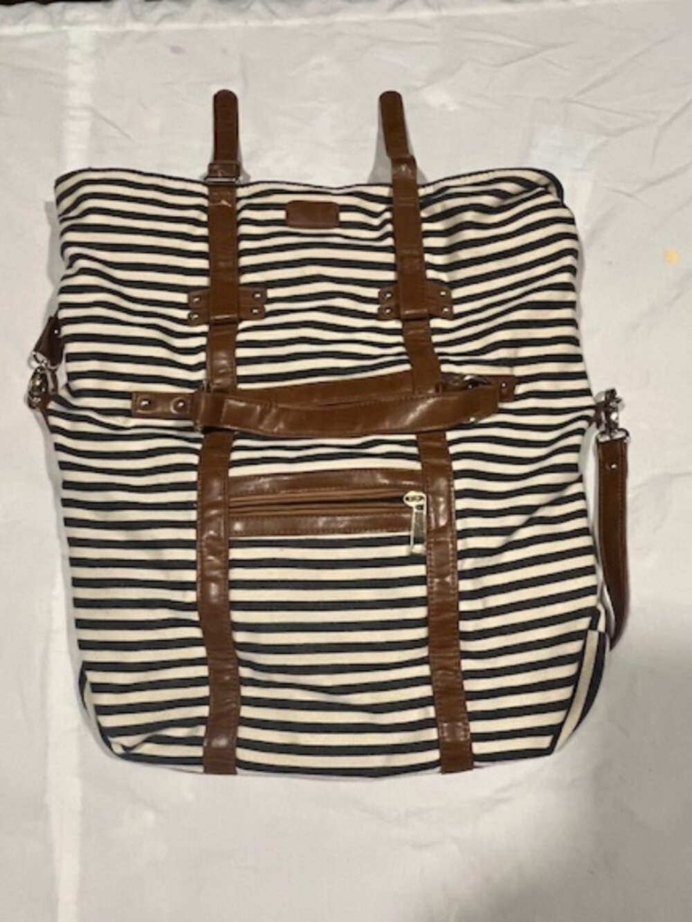 FOREVER 21 Black & White Striped Canvas Weekender Shoulder Zip Bag Faux Leather